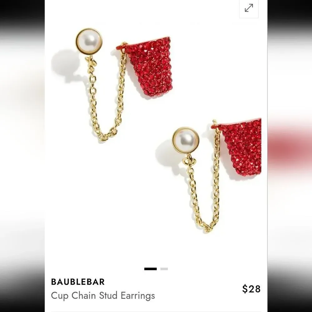 NWOT BaubleBar Nothing But Cup Chain Stud Earrings Red Solo Cup Pearl Beer Pong
